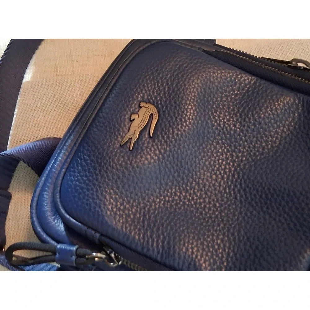 Lacoste Chantaco Navy Blue Pique Leather Vertical Camera Crossbody Bag NH3271CE
